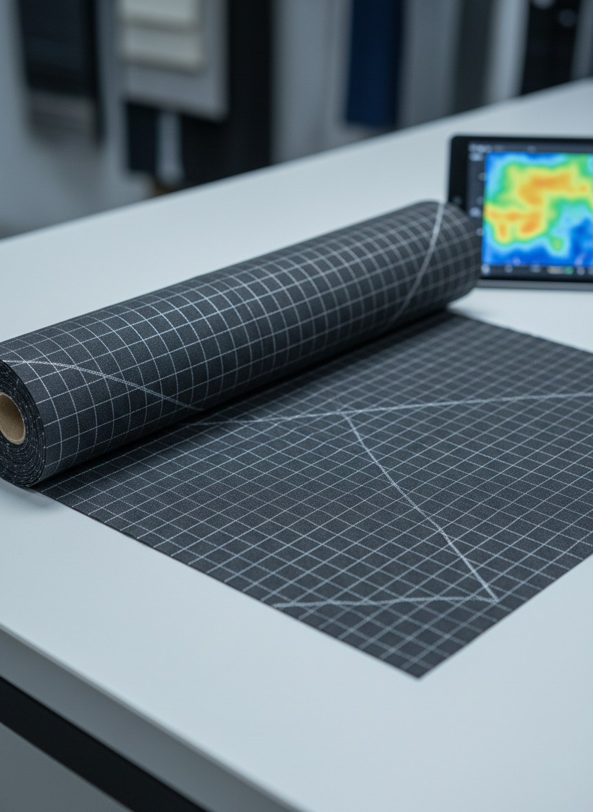 A roll of graphite-infused conductive fabric partially unspooled across a smooth, light-gray workbench, revealing its fine woven texture and subtle metallic sheen. The fabric’s dark graphite threads form a uniform grid pattern, with slim silver conductive traces running diagonally, catching the light. A small thermal imaging tablet lies nearby showing a heat map of the fabric in soft focus. Cool, even studio lighting from above and slightly behind adds depth, creating soft shadows along the roll’s curve. Captured from a three-quarter angle using the rule of thirds, the composition balances the roll in the foreground against a blurred backdrop of orderly sample swatches. The atmosphere is precise, innovative, and quietly dynamic, rendered in crisp, realistic photography.