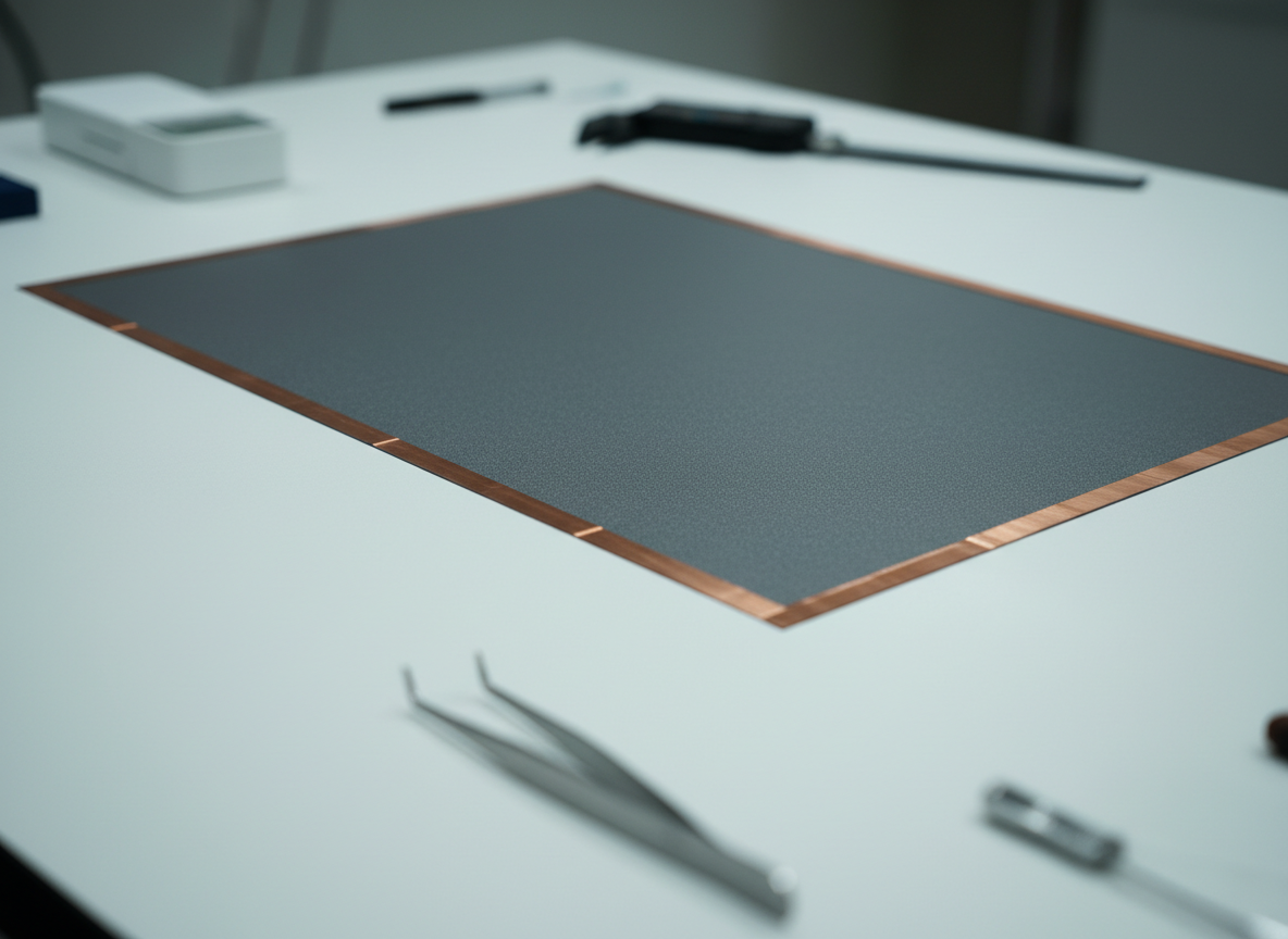 A close-up of a precision-cut new material heating film laid flat on a clean, matte white engineering table. The film’s dark, charcoal-gray surface shows subtle micro-texture and printed copper busbars running in precise parallel lines along the edges. Fine measuring tools and a digital caliper sit slightly out of focus at the periphery, suggesting meticulous testing. Cool, diffused studio lighting from above reveals gentle reflections on the conductive traces while keeping the background softly blurred. Captured at eye level with a shallow depth of field, the composition centers the film as the hero object. The mood is professional, high-tech, and reliable, rendered in crisp photographic realism with a clean, modern aesthetic suitable for a technical product homepage.