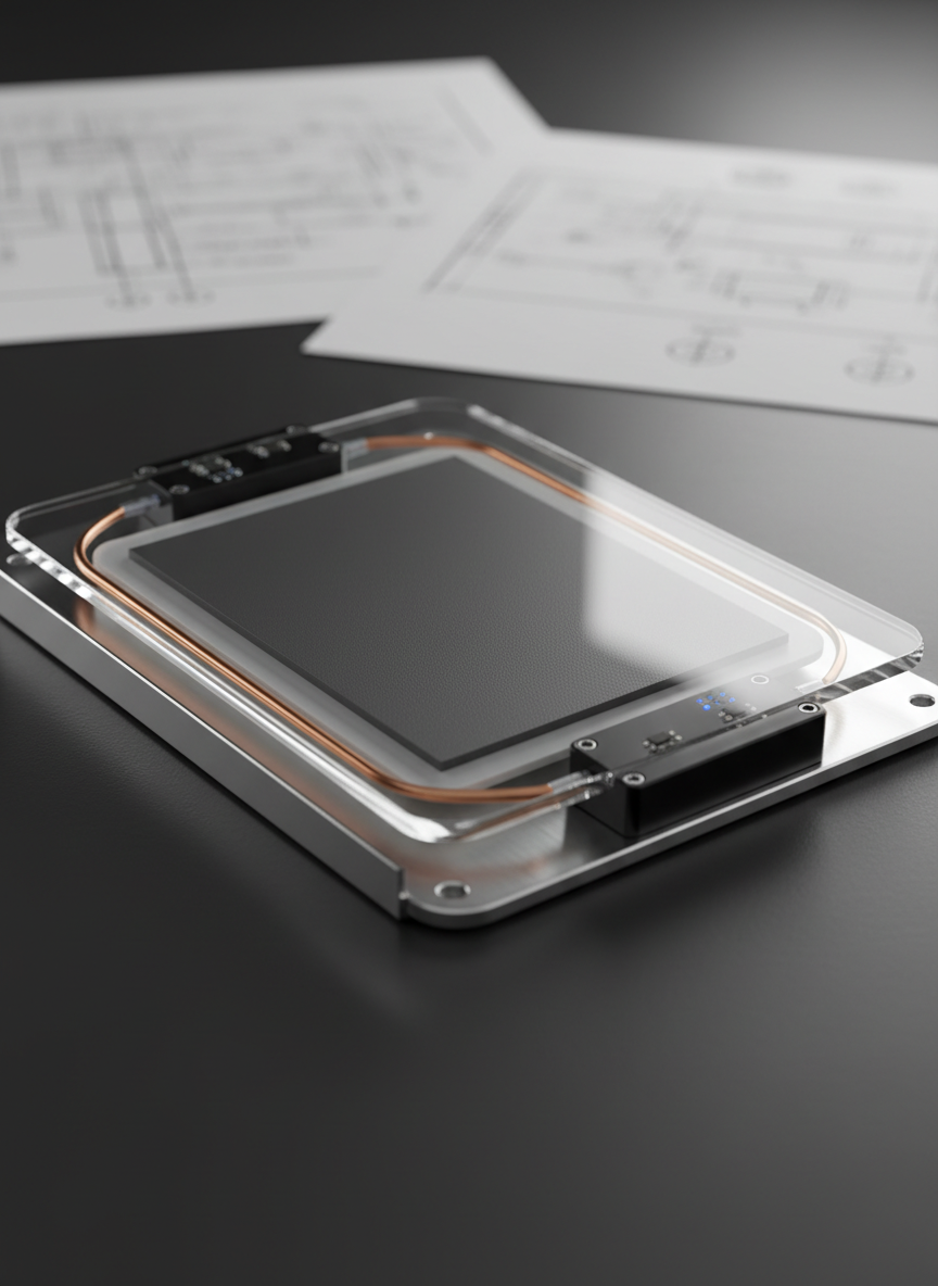 A detailed macro shot of a new material heating film integrated into a sleek product prototype housing, with a transparent top panel revealing the internal layered structure. The new material layer appears as a dark, uniform sheet sandwiched between translucent insulation and reflective metallic backing. Thin copper connectors extend neatly to a compact control module mounted nearby. The assembly rests on a dark, satin-finished surface, with blurred circuit diagrams and technical drawings faintly visible in the background. Focused, directional studio lighting from the side creates subtle rim highlights along the edges of each layer and a professional, high-tech mood. Shot at a low angle with a shallow depth of field, the image feels engineered, precise, and optimised for innovative manufacturers.