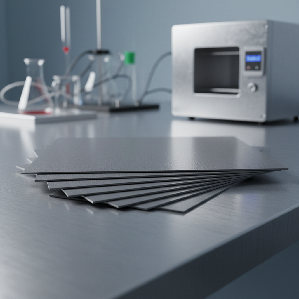 A neatly stacked arrangement of flexible new material-enhanced heating sheets in varying sizes, their deep gray layers slightly fanned out to reveal thinness and pliability. The stack rests on a brushed aluminum surface inside a minimalist R&D lab environment, with blurred lab equipment and a faint outline of a thermal testing chamber in the background. Neutral, soft studio lighting from one side creates delicate highlights on the new material sheets and subtle shadows that emphasize their layered structure. Photographed from a slightly elevated angle with sharp focus on the stack and a gentle bokeh background, the scene feels precise, orderly, and innovative. The overall mood is calm and professional, showcasing advanced materials in photographic realism with a clean, industrial-modern style.