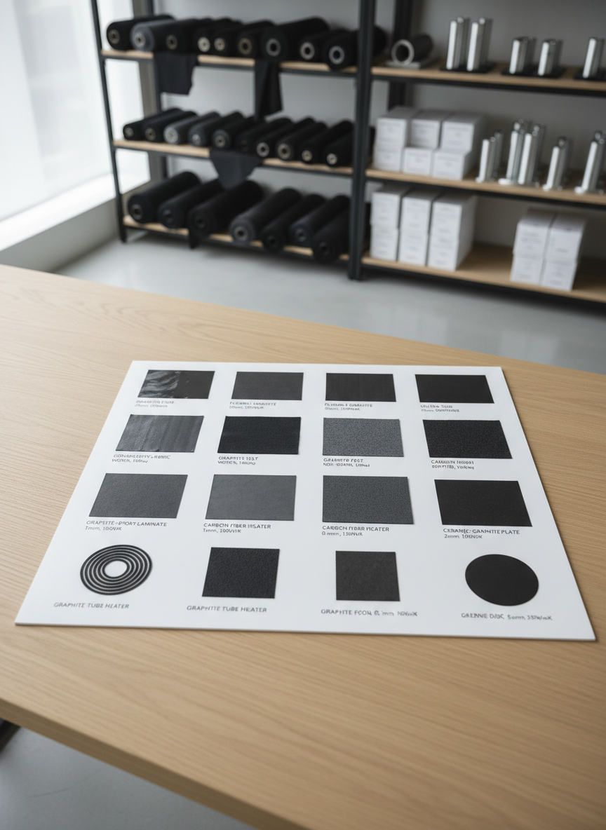 An array of labeled new material heating samples—films, flexible sheets, and conductive fabrics—carefully arranged in a grid on a pristine white presentation board. Each sample has a small, clean typographic label beneath it, denoting material type and key specs. The board rests on a light oak table within a bright, modern showroom, with blurred shelves of additional material rolls and boxed components in the background. Soft, diffused daylight from large windows to the side creates even illumination and gentle, natural shadows, avoiding glare and keeping textures visible. Photographed from a directly overhead, bird’s-eye view with sharp focus across the frame, the composition feels organized, informative, and premium. The style is photographic realism with a clean, contemporary aesthetic that communicates clarity and technical sophistication.